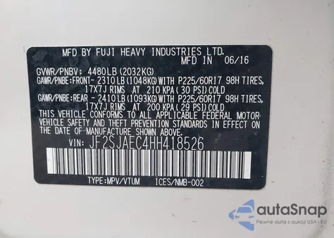 2017 Subaru Forester 2.5I Premium из США, поврежденный, VIN JF2SJAEC4HH418526